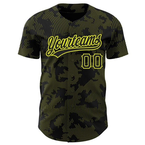 Custom Black Neon Yellow 3D Pattern Design Curve Lines Authentic Baseball Jersey - Image 2