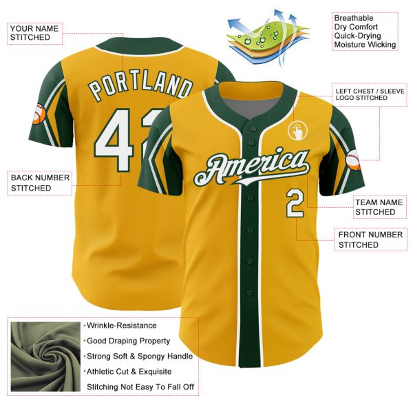 Custom Gold White-Green 3 Colors Arm Shapes Authentic Baseball Jersey - Image 4