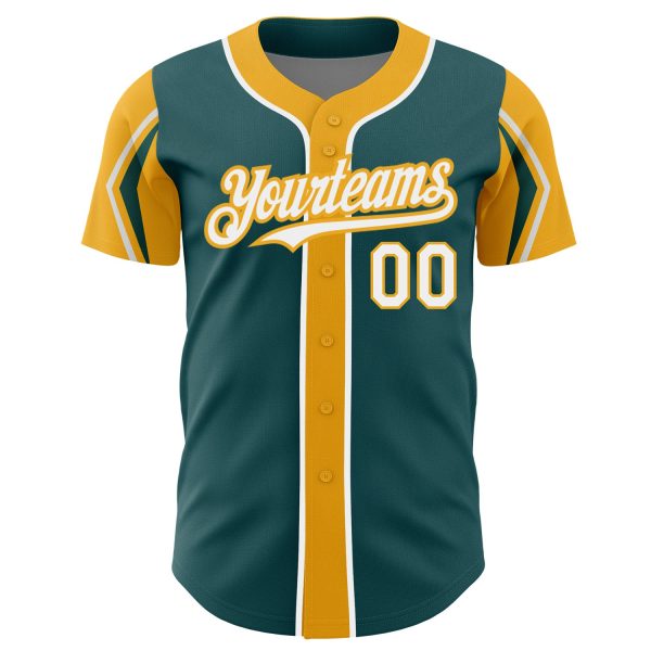 Custom Midnight Green White-Gold 3 Colors Arm Shapes Authentic Baseball Jersey - Image 3