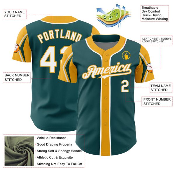 Custom Midnight Green White-Gold 3 Colors Arm Shapes Authentic Baseball Jersey - Image 4