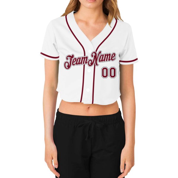 Custom Women's White Crimson-Gray V-Neck Cropped Baseball Jersey - Image 2