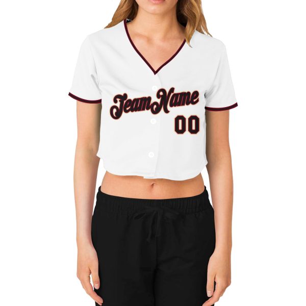 Custom Women's White Black Crimson-Cream V-Neck Cropped Baseball Jersey - Image 2