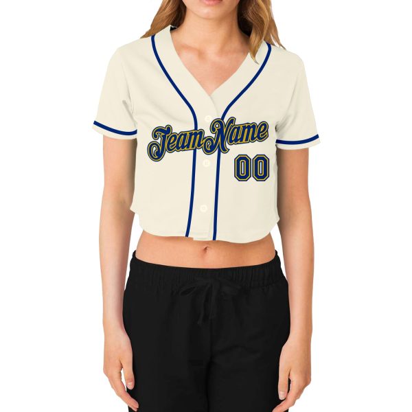Custom Women's Cream Royal-Gold V-Neck Cropped Baseball Jersey - Image 2
