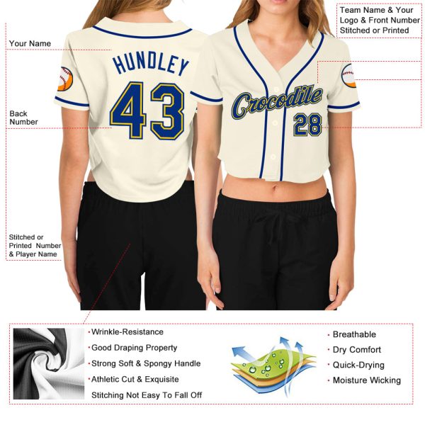 Custom Women's Cream Royal-Gold V-Neck Cropped Baseball Jersey - Image 3