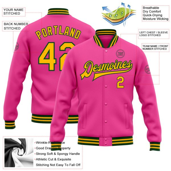 Custom Pink Gold-Green Bomber Full-Snap Varsity Letterman Jacket - Image 3
