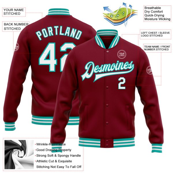 Custom Crimson White-Aqua Bomber Full-Snap Varsity Letterman Jacket - Image 3