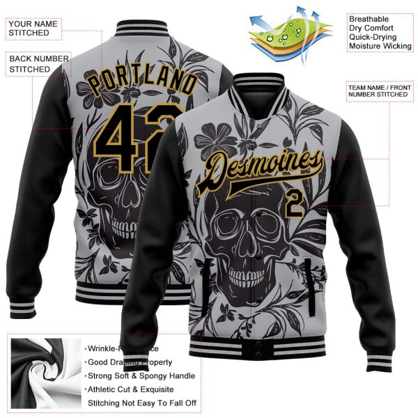 Custom Gray Black-Old Gold Skull With Flowers 3D Bomber Full-Snap Varsity Letterman Two Tone Jacket - Image 3