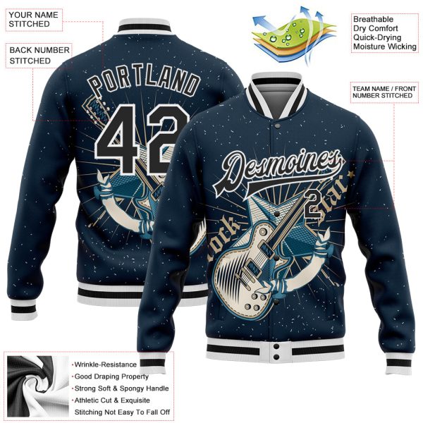 Custom Navy Black-White Guitar Rock Star Music Festival 3D Pattern Design Bomber Full-Snap Varsity Letterman Jacket - Image 3