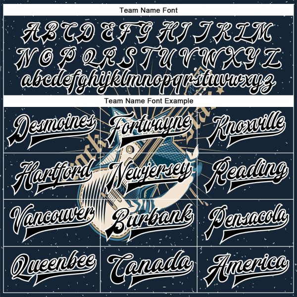 Custom Navy Black-White Guitar Rock Star Music Festival 3D Pattern Design Bomber Full-Snap Varsity Letterman Jacket - Image 4