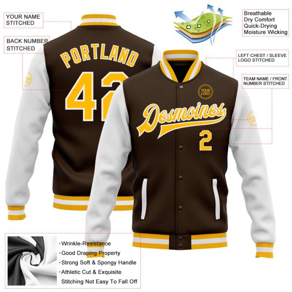 Custom Brown Gold-White Bomber Full-Snap Varsity Letterman Two Tone Jacket - Image 3