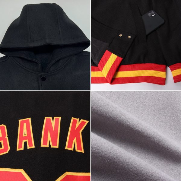 Custom Gray Black Bomber Full-Snap Varsity Letterman Two Tone Hoodie Jacket - Image 2