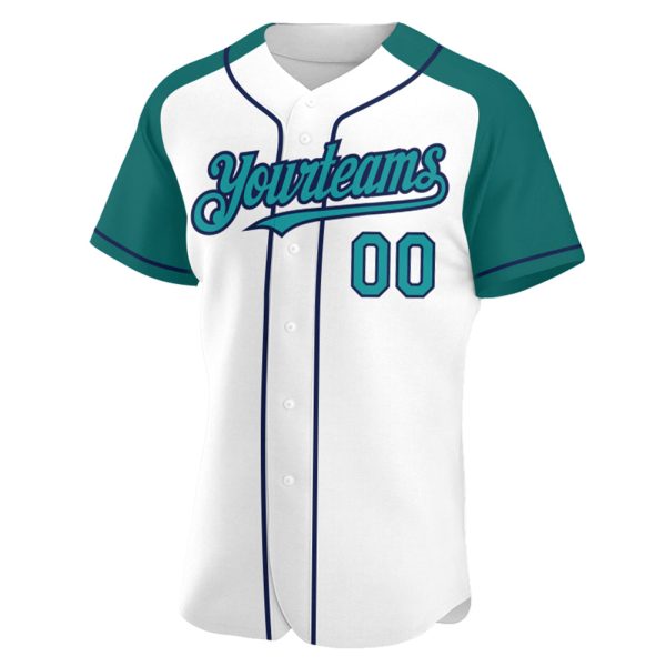 Custom White Teal-Navy Authentic Raglan Sleeves Baseball Jersey - Image 2