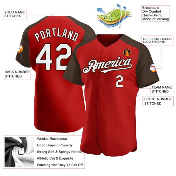 Custom Red White-Brown Authentic Raglan Sleeves Baseball Jersey - Image 3