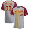 Custom Gray Crimson-Yellow Authentic Raglan Sleeves Baseball Jersey