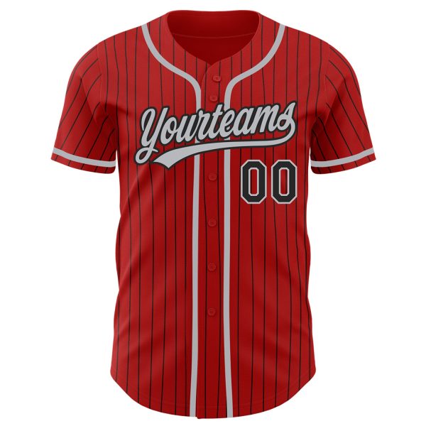 Custom Red Black Pinstripe Gray Authentic Baseball Jersey - Image 2