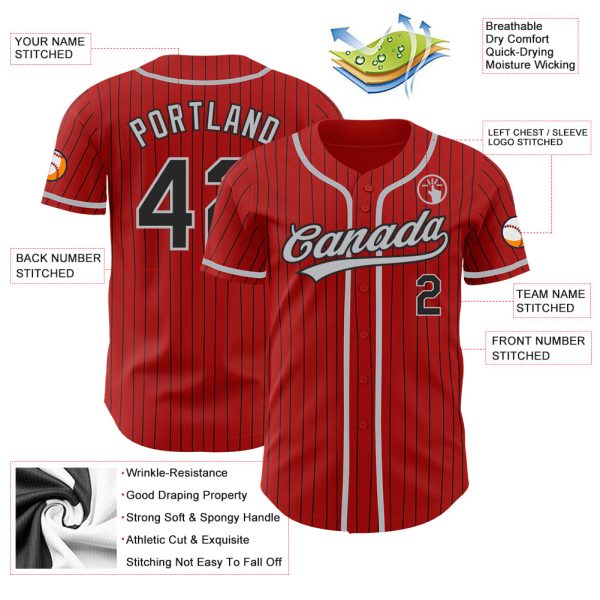 Custom Red Black Pinstripe Gray Authentic Baseball Jersey - Image 3