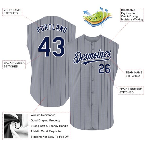 Custom Gray Navy Pinstripe White Authentic Sleeveless Baseball Jersey - Image 2