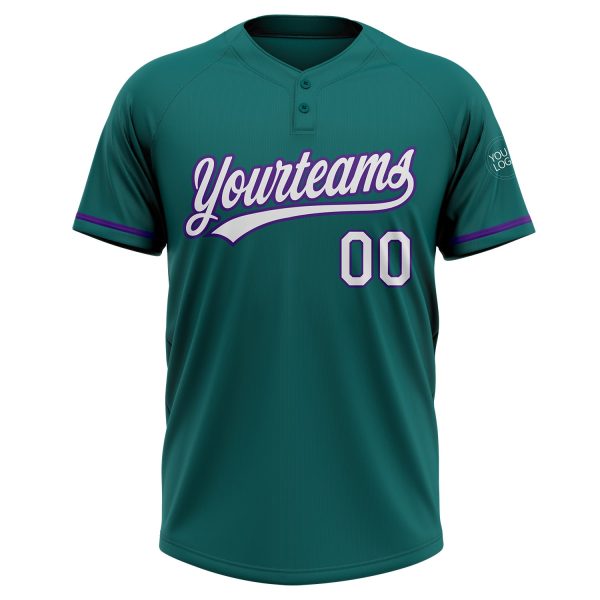 Custom Teal White-Purple Two-Button Unisex Softball Jersey - Image 2