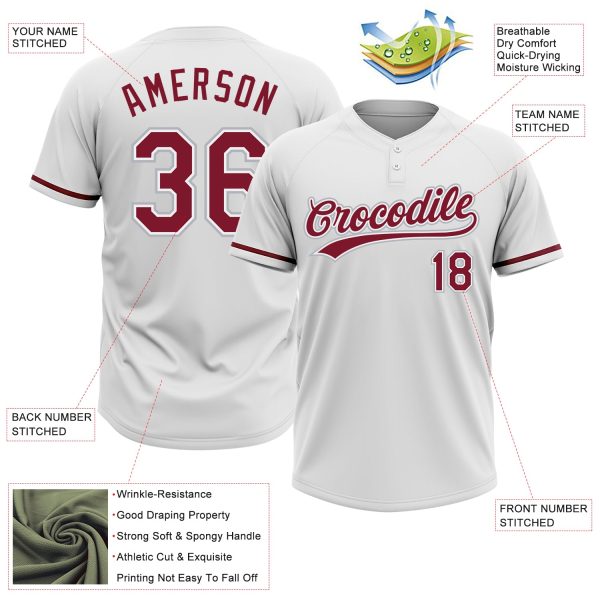 Custom White Crimson-Gray Two-Button Unisex Softball Jersey - Image 3