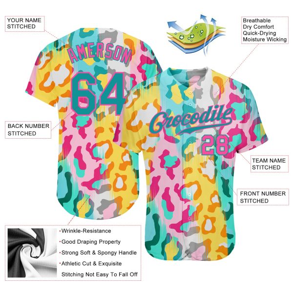 Custom White Teal-Pink 3D Pattern Design Leopard Authentic Baseball Jersey - Image 3
